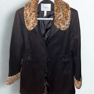 Jaclyn Smith Black Peacoat with Leopard Print Accents